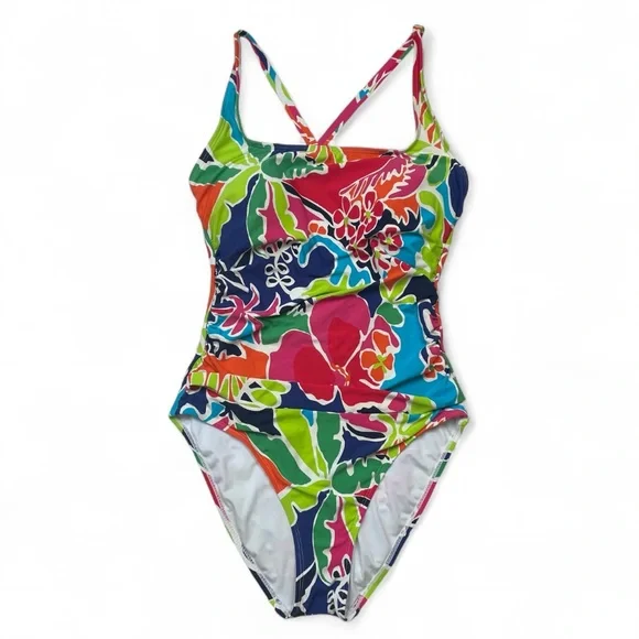 NAUTICA Tropical Open Back Criss Cross Vibrant One Piece Bathing Suit - Picture 1 of 16